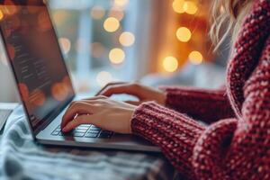 AI generated Side view of woman's hands typing on a laptop. Generative AI photo