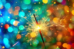 AI generated Sparkler burning and emitting bright sparks on blurred light background. Generative AI photo