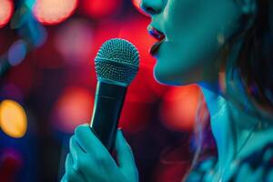 ai generado mujer canto karaoke en neón luces. generativo ai foto