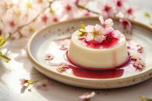 AI generated Panna cotta topped with a delicate cherry blossoms in syrup. Generative AI photo