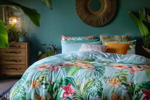 AI generated Bedroom accessories with tropical print. Tropical patterned bedding. Generative AI photo