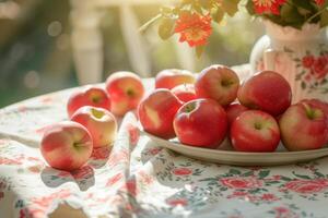 AI generated Table with floral patterned tablecloth and apples. Generative AI photo