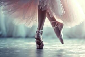 ai generado bailarina piernas en pointe Zapatos de cerca. clásico y moderno ballet concepto. generativo ai foto