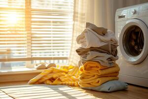 AI generated Dirty laundry piled up next to a washing machine. Spring cleaning concept. Generative AI photo