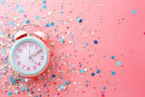 AI generated Alarm clock and confetti on pink background. Clock and party decorations. Generative AI photo