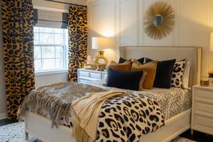 AI generated Bedroom accessories with animal print. Bed with animal patterned cushions. Generative AI photo