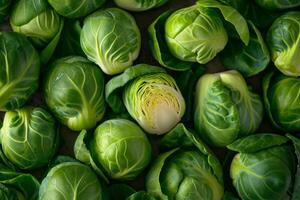 AI generated Raw brussels sprouts in farmers market. Organic food background. Generative AI photo