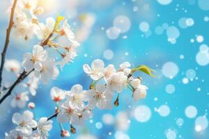 AI generated Spring banner with branches of blossoming cherry on blue sky background. Generative AI photo