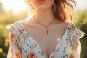 AI generated Closeup of a young woman in a floral dress. Generative AI photo