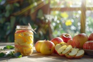 AI generated Jar with canned apples and fresh apples on wooden table. Generative AI photo