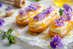 AI generated Eclairs drizzled with honey and garnished with candied violets. Generative AI photo