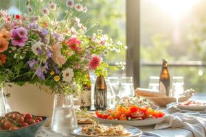 AI generated Beautifully served table with different dishes and fresh flowers. Generative AI photo