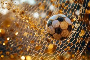 ai generado fútbol pelota siendo golpeado dentro el objetivo red con dorado espumoso papel picado y Brillantina. generativo ai foto