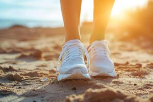 ai generado mujer en corriendo Zapatos en el playa. rutina de ejercicio y formación a comienzo un correr. generativo ai foto