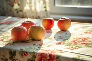 AI generated Table with floral patterned tablecloth and apples. Generative AI photo