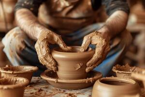 AI generated Man making ceramic pot on the pottery wheel. Generative AI photo