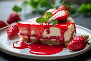 AI generated Strawberry cheesecake with a drizzle of strawberry sauce. Generative AI photo