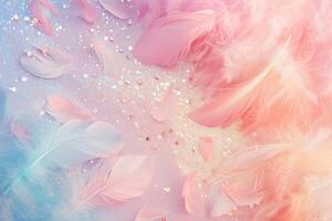AI generated Soft pastel background with shiny sequins and feathers. Generative AI photo