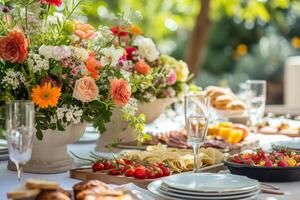 AI generated Beautifully served table with different dishes and fresh flowers. Generative AI photo