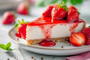 AI generated Strawberry cheesecake with a drizzle of strawberry sauce. Generative AI photo