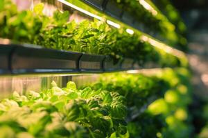 AI generated Vertical farming and hydroponics. Fresh organic vegetable grown using aquaponics farming. Generative AI photo