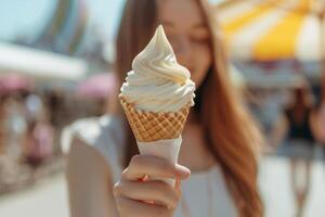 AI generated Woman holds ice cream in her hand in a waffle cone on blurred background. Generative AI photo