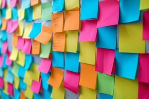 AI generated Many colorful sticky notes on a white wall. Generative AI photo