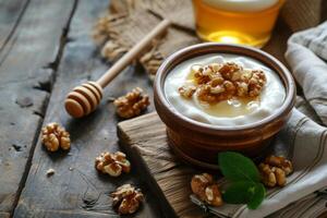 AI generated Greek yoghurt with honey and walnuts in a bowl. Healthy breakfast. Generative AI photo