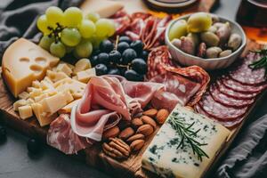 AI generated Assorted cheeses, meats, fresh fruits, nuts and appetizers beautifully arranged on a wooden board. Generative AI photo