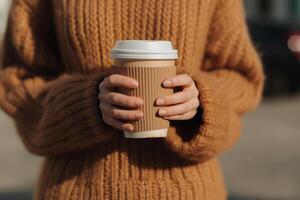 ai generado mujer en un marrón de punto saltador y negro polainas sostiene un para llevar café taza. generativo ai foto