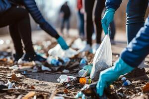 AI generated Closeup of volunteer group cleaning up litter in natural environments. Generative AI photo