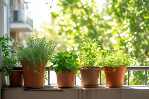 AI generated Small urban balcony garden with potted plants. Generative AI photo