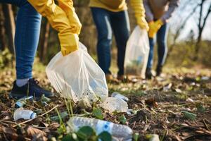 AI generated Closeup of volunteer group cleaning up litter in natural environments. Generative AI photo