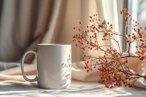 AI generated Blank white mug mockup with flowers on sunny light background. Generative AI photo