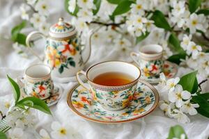 AI generated Tea set with floral dishware and flowers. Generative AI photo