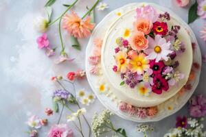 AI generated Beautiful cake decorated with flowers and green leaves. Generative AI photo