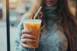 AI generated Young woman holding a drink with a straw. Generative AI photo