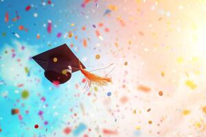 ai generado graduación gorra flotante en el cielo con vistoso papel picado. generativo ai foto