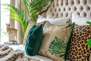 AI generated Bedroom accessories with animal print. Bed with animal patterned cushions. Generative AI photo