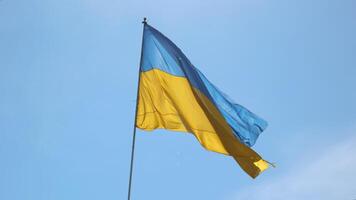 de ukrainska flagga fladdrar mot de blå himmel. 4k video