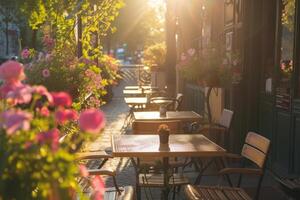 AI generated Outdoor empty restaurant terrace with tables and chairs. Cafe with tables outside. Generative AI photo