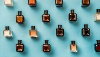 AI generated Flatlay of perfume bottles on the blue background,Generated Image photo