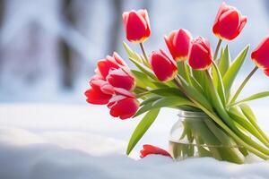 AI generated A bouquet of bright red tulips in a jar stands in the snow. Spring flowers. Sudden snowfall. photo