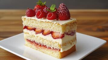 AI generated Fraisier cake is a French strawberry cake made from layers of genoise, mousseline cream and strawberries closeup on the plate on the table photo