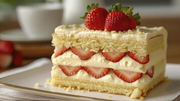 AI generated Fraisier cake is a French strawberry cake made from layers of genoise, mousseline cream and strawberries closeup on the plate on the table photo