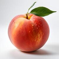 AI generated A Juicy Tasty Ripe Peach With Green Leaves Isolated On The White Background photo