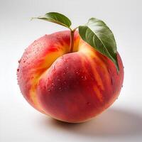 AI generated A Juicy Tasty Ripe Peach With Green Leaves Isolated On The White Background photo