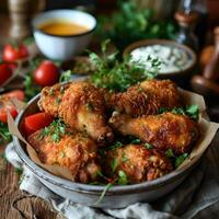 AI generated A BOWL OF DELICIOUS HOMEMADE CHICKEN DRUMSTICK IN A WOODEN TABLE photo