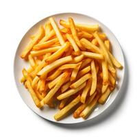 AI generated CRISPY FRENCH FRIES ON  A PLATE ISOLATED IN A WHITE BACKGROUND photo