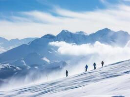 ai generado invierno montaña paisaje con nevado alpino picos y esquiadores foto